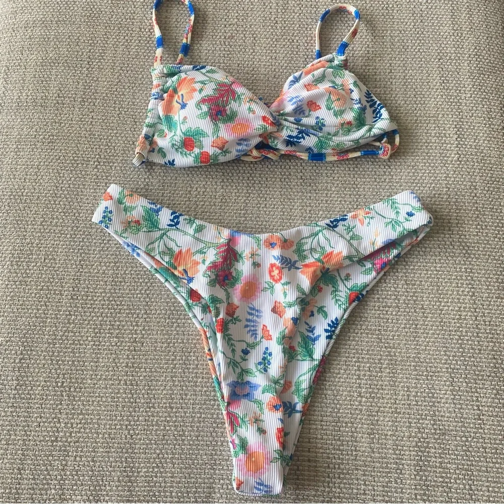 Floral Ribbed Bikini Top & Bottom Set - White with Multicolor Floral Print